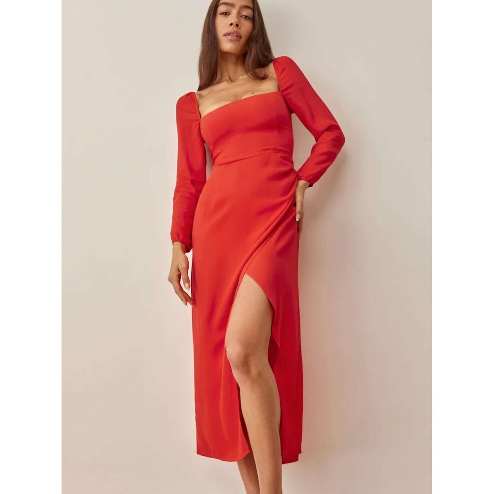 Reformation Petites Hilda Maxi Dress Square Neck Long Sleeve High Slit Size 4